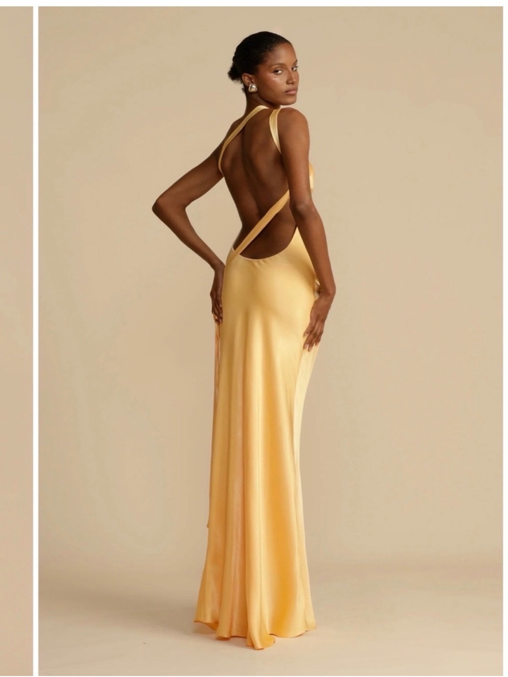One-Shoulder Satin Gown in Champagne Yellow - Picture 3 of 12